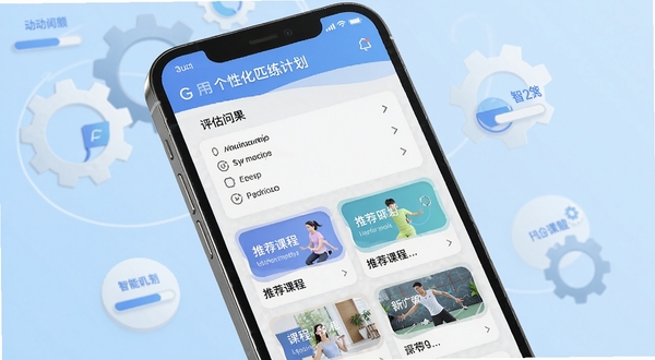 G动应用智能课程匹配功能展示图,手机屏幕特写显示个性化训练计划界面,有评估问卷结果和推荐课程卡片,背景是浅蓝色渐变,周围有齿轮和进度条图标装饰,体现智能匹配概念