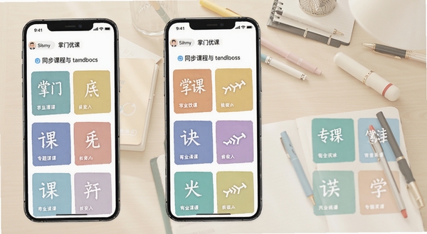 掌门优课 同步课程与专题课列表页面,手机界面显示多个学科卡片,背景为浅色书桌与文具,画面干净清晰