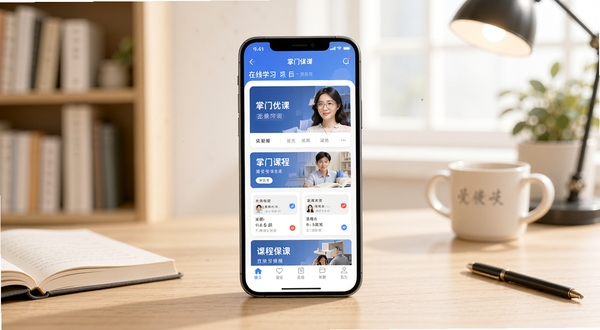掌门优课 在线学习APP主界面与课程列表展示,手机屏幕居中放置,背景为柔和的学习桌面环境,画面明亮整洁
