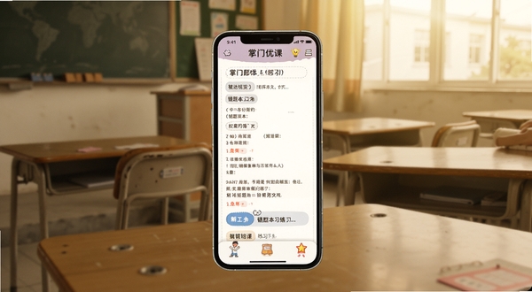 掌门优课 错题本与练习界面,手机屏幕显示题目与解析,背景为教室课桌场景,画面色调温暖
