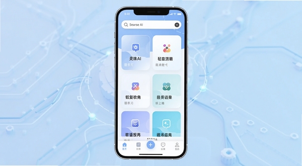 灵珠AI软件主界面全貌展示图,画面中央为手机屏幕,屏幕内呈现灵珠AI简洁清爽的首页布局,顶部有搜索栏,中部为功能卡片区域,底部为导航栏,背景为淡蓝色渐变科技感底色,整体风格简约现代,适配Boogu模型生成