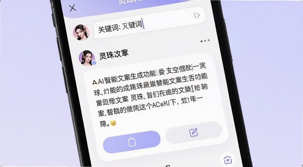 灵珠AI智能文案生成功能界面截图,画面展示手机屏幕中灵珠AI正在生成一段朋友圈文案,屏幕上方有输入框显示关键词,下方为生成的文本卡片,卡片带有复制和编辑按钮,背景为柔和的浅紫色调,整体视觉清新舒适