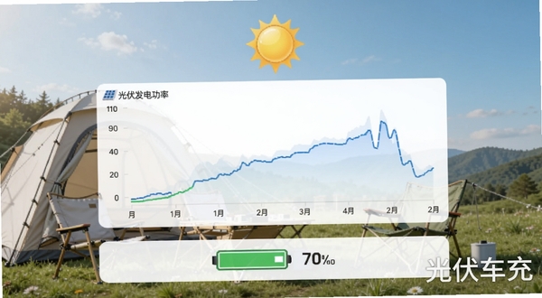 光伏车充实时监控界面截图,画面中显示光伏板发电功率曲线图,顶部有阳光照射图标,底部为电池电量百分比,背景为户外露营场景,软件名称光伏车充以半透明水印形式出现在画面右下角