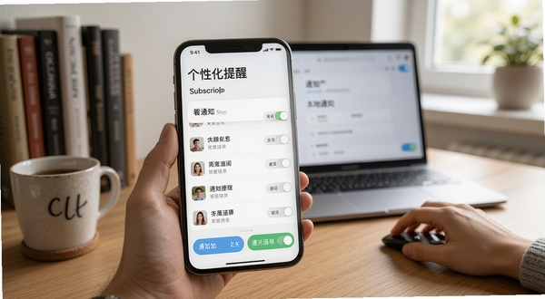 local软件个性化订阅提醒界面,手机展示订阅列表与通知开关,界面清爽,背景为居家书桌场景,体现用户自定义本地信息接收的便捷性