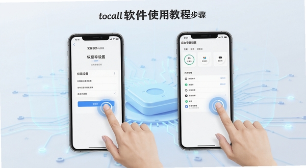 local软件使用教程示意图,手机屏幕显示权限设置与后台管理界面,旁边有手指点击操作,背景为简洁的科技风格,突出安装与设置步骤