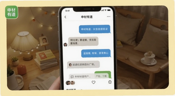 申材有道用户问答场景图,手机屏幕显示问答对话气泡,背景为淡黄色温馨色调,画面中有申材有道图标