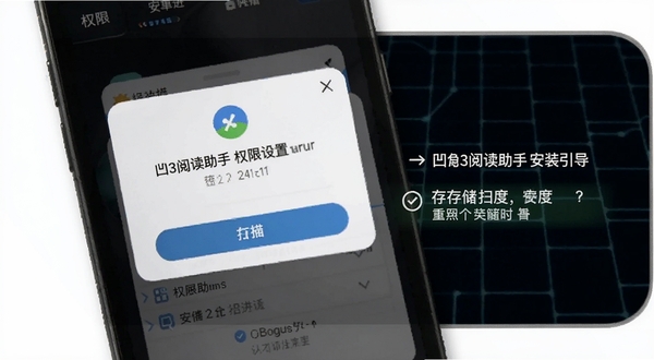 凹3阅读助手 权限设置与安装引导界面 画面为手机屏幕特写 显示权限授权弹窗与存储扫描进度 背景区域为深色科技感网格 突出操作指引与安全提示 适配Boogu模型