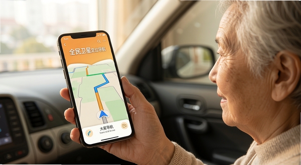 全民卫星定位导航 大字号导航界面 老年用户手持手机 清晰路线箭头 温暖色调 生活化场景