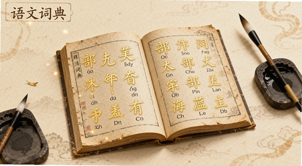 ���Ĵʵ�Ӧ��������չʾ������������һ�������Ĺŷ��鼮����ҳ�ϸ��ֳ���ɫ�ĺ��ֲ�����ƴ���������ǵ��ŵ��׻�ɫ��ֽ��������׺��ë������̨Ԫ�أ�����ɫ����ů��ͣ����Ͻ������Ĵʵ�����ֱ�ʶ����������ͻ�����ֲ�ѯ�ı�ݸУ�����Booguģ������