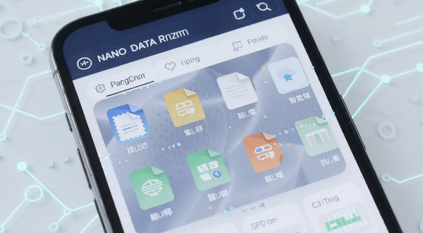 NANO DATA 软件界面展示,手机屏幕中呈现智能数据归类面板,各类文件图标整齐排列,背景为浅色科技风格,画面简洁明亮