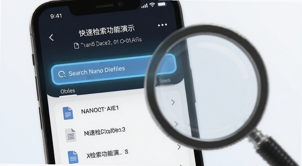 NANO DATA 快速检索功能演示,手机界面中搜索框高亮显示,下方列出匹配的文件列表,背景带有放大镜元素,整体风格清爽现代
