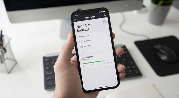 NANO DATA 移动端操作界面截图,展示权限设置页面与数据扫描进度条,手机握持视角,背景为办公桌面,风格写实