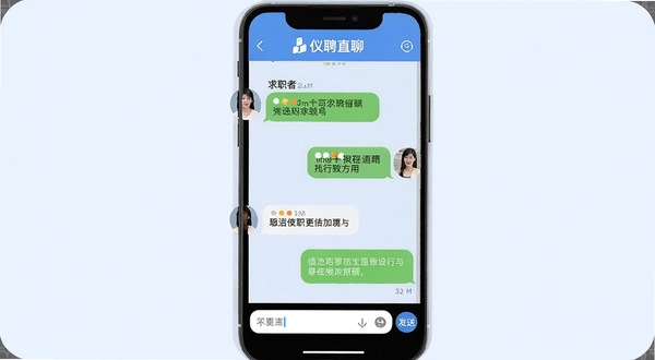 仪聘在线沟通界面,手机屏幕展示聊天对话框,左侧为求职者头像与消息气泡,右侧为招聘方回复,底部有输入框与发送按钮,背景为淡蓝色,画面顶部显示仪聘直聊标识,细节清晰
