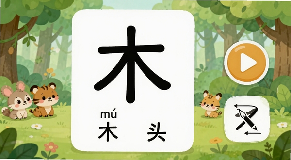 白卡识字卡片学习界面,画面中一张巨大的白色卡片居中显示汉字“木”,卡片下方有拼音“mù”和组词“木头”,右侧有播放按钮和笔顺动画按钮,背景为浅绿色森林场景,有卡通小动物在旁观看,整体风格活泼可爱
