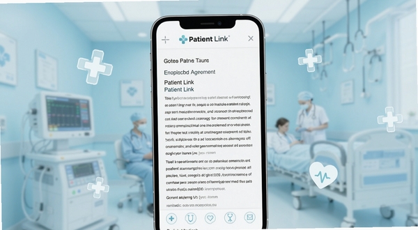 Patient Link 应用主界面展示,画面中心为一部竖屏智能手机,屏幕内呈现电子知情同意书阅读页面,顶部有 Patient Link 品牌标识,背景为柔和的浅蓝色医疗环境虚化处理,周围点缀简洁的十字与心形图标,整体风格干净专业,适配 Boogu 模型生成