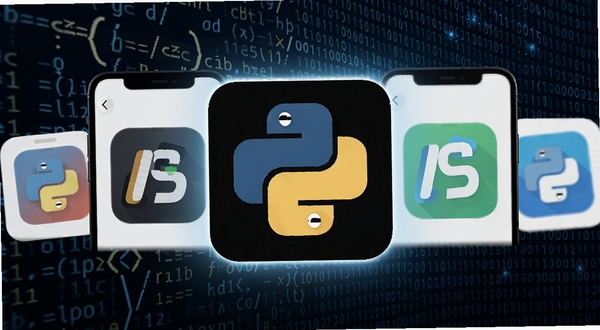 python代码编译器与同类编程应用对比展示图,画面中并排显示多个手机编程软件图标,中间突出python代码编译器图标,背景是代码符号与二进制数字组成的抽象科技纹理,整体风格清爽商务