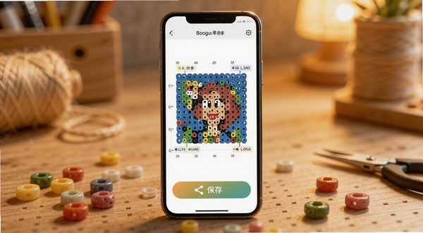 拼豆图纸创作器导出分享功能界面,手机屏幕显示高清拼豆图纸带色号标注,旁边有分享按钮和保存按钮,背景为温馨手工桌面,散落几颗彩色拼豆,主体坐标居中,背景区域暖色虚化,适配Boogu模型生成
