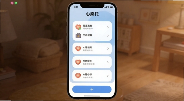 一款名为心愿托的手机应用主界面,画面中央是淡蓝色渐变背景上的心愿卡片列表,每张卡片带有小图标和文字,底部有添加按钮,整体风格温馨简洁,适配Boogu模型生成