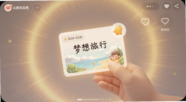 心愿托应用中的托付功能界面,画面展示一个心愿卡片被托付给好友的动画效果,背景有柔和的光晕,卡片上写有梦想旅行字样,旁边有提醒铃铛图标,整体色调温暖,适配Boogu模型生成