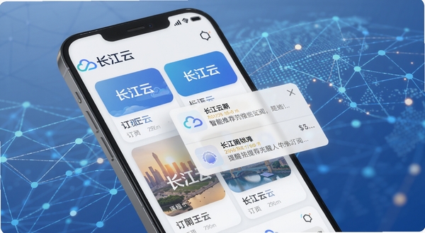 长江云个性化订阅界面,画面展示手机屏幕上多个频道订阅卡片与推送通知弹窗,背景为抽象的数据网络连接图案,突出智能推荐与提醒功能,包含长江云文字元素