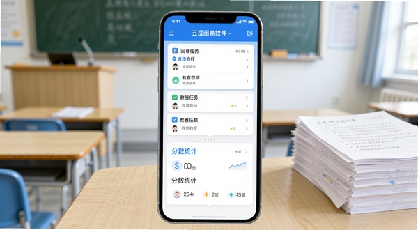 五岳阅卷软件主界面展示,手机屏幕居中显示阅卷任务列表与分数统计卡片,背景为整洁的教室讲台与模糊的试卷堆叠,整体色调明亮清爽,突出移动办公与教育科技氛围