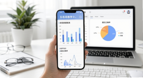 五岳阅卷学情数据报表页面,手机屏幕展示柱状图与饼图统计界面,显示班级平均分与题目正确率,背景为教师办公桌与笔记本电脑,画面干净现代