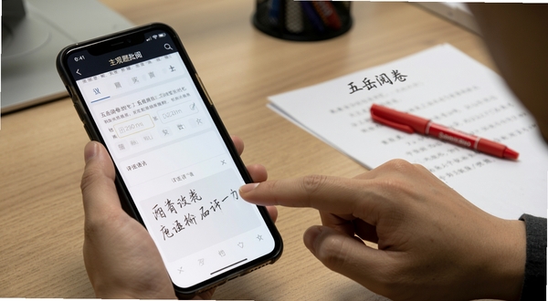 五岳阅卷主观题批阅界面,教师手指在手机屏幕上滑动切换学生答卷,屏幕显示分数输入框与手写评语区域,背景为办公室桌面与红笔,整体氛围专注安静