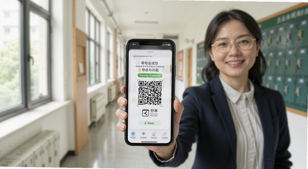 五岳阅卷成绩导出与分享功能,手机屏幕显示导出成功提示与二维码分享界面,背景为教师手持手机站在教室走廊,画面明亮自然
