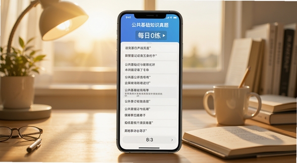 公共基础知识真题每日一练界面,手机显示十道题目与倒计时,背景为清晨书桌场景,阳光洒落,风格清新