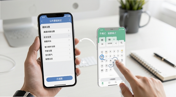 公共基础知识真题使用教程示意图,手机屏幕展示题库设置与刷题模式界面,旁边有手指点击操作,背景为简约办公桌,风格清晰