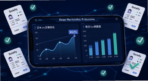 ���ˢ��ѧϰ����ͳ��ҳ�棬�ֻ���Ļ��ʾ����ͼ����״ͼ��չʾ��ȷ�ʱ仯��ÿ��ˢ����������Ϊ����ɫ�Ƽ���������壬��ΧƯ���Ŵ��⿨��Թ�ͼ��