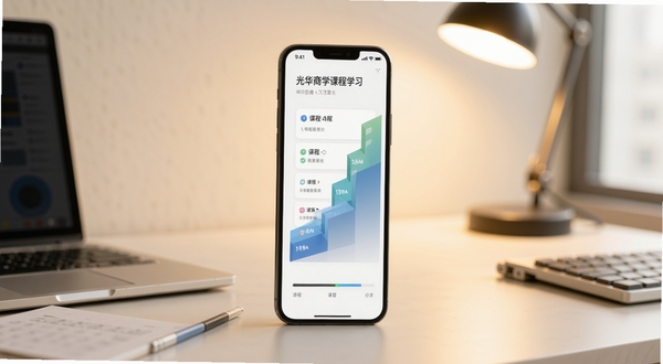 光华商学课程学习界面展示,手机屏幕中呈现阶梯式课程列表与进度条,背景为简约办公桌面,柔和暖光,画面干净清晰