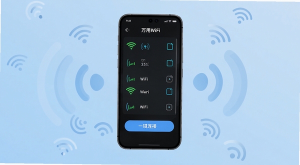 ����WiFi������ �ֻ�Ӧ��������չʾ ��������Ϊ�ֻ���Ļ ��Ļ�ڳ���WiFi�ź��б���һ�����Ӱ�ť ����Ϊ����ɫ���� ��Χ��׺�����źŲ���ͼ�� ��������Ƽ��� ����Booguģ������