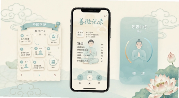 了凡录功能场景图,手机屏幕展示善行记录与冥想界面,画面左侧为日历打卡视图,右侧为呼吸训练动画,整体色调以米白与淡青为主,背景有轻柔的云纹与莲花图案