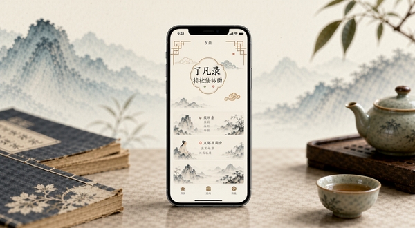 了凡录应用整体界面展示,画面中央放置一部智能手机,屏幕显示浅色系主页布局,带有古典雅致的装饰元素,背景为柔和的水墨渐变色调,四周散落几本古籍与茶具,整体氛围宁静祥和