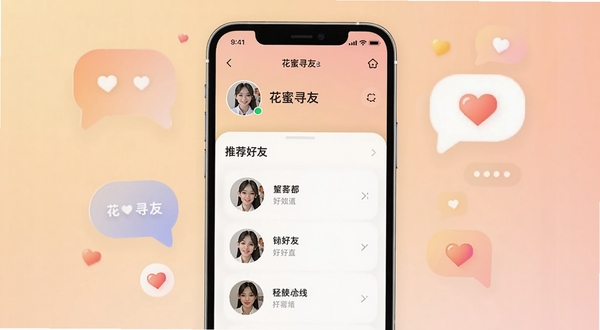 一款名为花蜜寻友的手机社交应用界面展示,画面中央是手机屏幕,屏幕上显示着用户个人主页与推荐好友列表,背景区域是柔和的暖色调渐变,周围点缀着抽象的聊天气泡与爱心图标,整体风格清新现代,适配Boogu模型生成