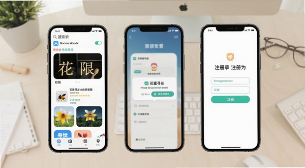 花蜜寻友移动端使用教程示意图,画面展示手机屏幕从应用商店搜索到安装完成的步骤分解,包含权限授予弹窗与注册页面,背景为浅色办公桌面,整体风格简洁直观,适配Boogu模型生成