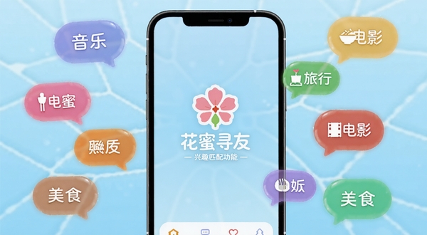 花蜜寻友兴趣匹配功能界面,手机屏幕显示多个兴趣标签如音乐、旅行、美食、电影,标签以彩色气泡形式漂浮,背景是浅蓝色渐变,中央有花蜜寻友Logo,整体画面简洁明快,适合作为软件功能预览图