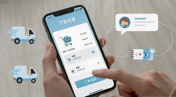 贝登医疗移动端操作体验展示图,画面主体为手机屏幕内呈现购物车结算与订单追踪界面,背景区域为手持手机的特写场景,手指轻触屏幕完成下单操作,周围环绕物流小车、客服对话框等扁平化图标,整体色调以浅蓝和白色为主,突出移动采购的便捷与高效,适配Boogu模型生成。