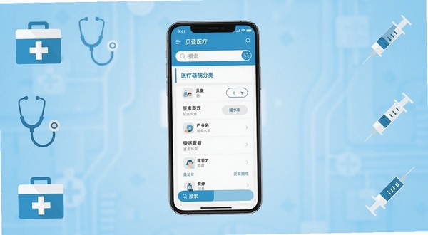 贝登医疗应用主界面全景展示图,画面中央为手机屏幕内呈现医疗器械商品分类导航与搜索栏,背景区域为浅蓝色渐变医疗科技风格,四周点缀药箱、听诊器、注射器等扁平化图标元素,整体色调以蓝白为主,突出专业、安全、高效的平台气质,画面清晰明亮,适配Boogu模型生成。