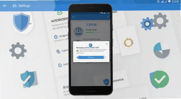 贝登医疗安装与权限设置示意图,画面主体为手机屏幕内呈现应用安装进度条和权限管理弹窗,背景区域为简洁的安卓系统设置界面风格,周围点缀盾牌、齿轮、对勾等扁平化图标,整体色调以蓝灰为主,突出安全安装与规范授权的操作指引,适配Boogu模型生成。