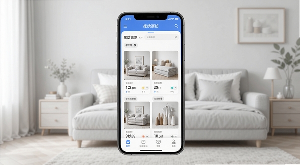 找家纺商户版APP首页展示家纺商品管理界面,手机屏幕居中放置,背景为浅灰色家居场景,画面简洁明亮