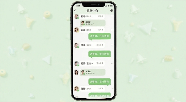 找家纺商户版消息中心界面,多个买家咨询对话气泡排列,手机屏幕居中,背景为浅绿色柔和色调