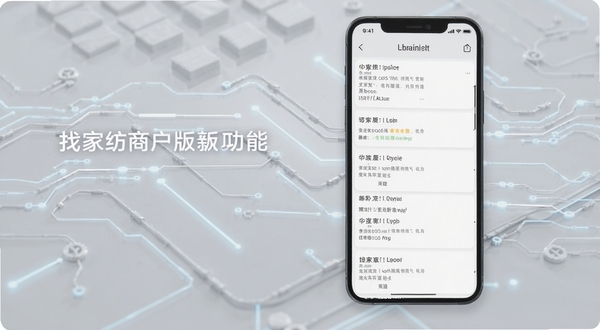 找家纺商户版版本更新功能展示图,手机屏幕显示更新日志列表,背景为浅灰色科技感线条