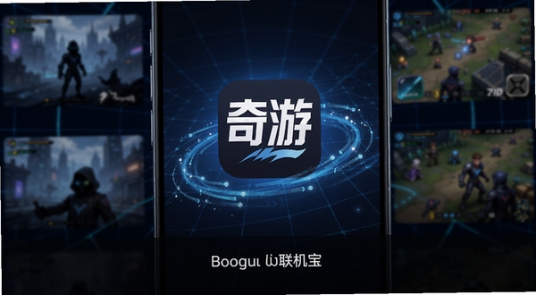 画面主体为一部智能手机屏幕,屏幕中央显示奇游联机宝的官方图标与启动界面,图标周围环绕着象征数据流的蓝色光效;背景区域为深色科技感网格与模糊的游戏场景剪影,整体色调以蓝黑为主,突出稳定、加速与连接感,画面下方预留文字区域,适配Boogu模型生成。