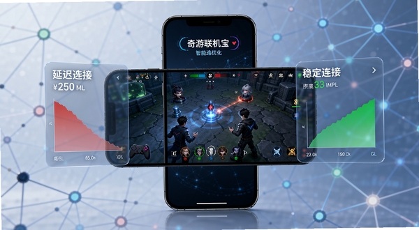 奇游联机宝智能联机优化功能展示图,画面中央为手机屏幕显示游戏对战界面,屏幕边缘有半透明的数据仪表盘,显示延迟数值从红色高延迟降至绿色低延迟的动态变化过程,背景为抽象的网络节点连接图,突出智能选路与稳定连接的概念,整体风格简洁科技感。
