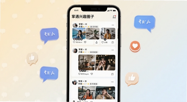 掌遇兴趣圈子动态页面,画面展示手机屏幕内多个兴趣群组卡片与动态图文流,背景为浅色渐变,点缀对话气泡与点赞图标,整体氛围轻松活跃,适配Boogu模型生成