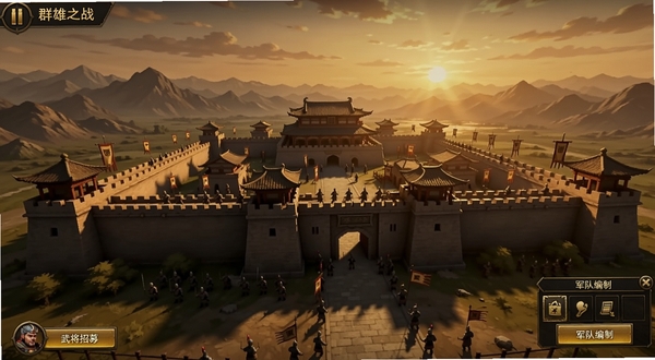 群雄之战游戏主界面全景展示,画面中央是一座宏伟的古代城池,城墙上有士兵巡逻,背景是连绵山脉与落日余晖,画面左下角显示武将招募按钮,右下角显示军队编制入口,整体色调为暖金色与深褐色,适配Boogu模型生成