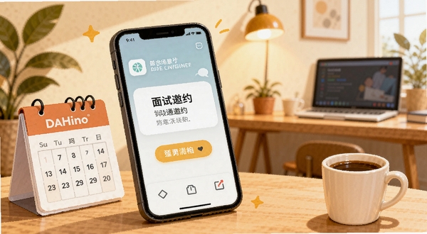 行业找工作APP面试邀约与沟通场景插画,画面中有手机屏幕显示面试通知,旁边有日历和咖啡杯,背景为温馨的居家办公环境,色调温暖,突出求职成功的喜悦感