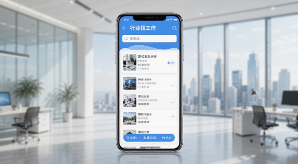 一款名为行业找工作的手机应用界面全景展示,画面中央是手机屏幕,屏幕内呈现职位列表与搜索框,背景为简洁的现代办公场景,有模糊的写字楼与城市天际线,整体色调明亮清新,适合APP下载站配图